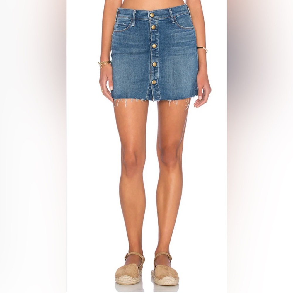 MOTHER Snap Down Denim Mini Skirt Raw Hem Size 30 | High Rise Button Front Blue